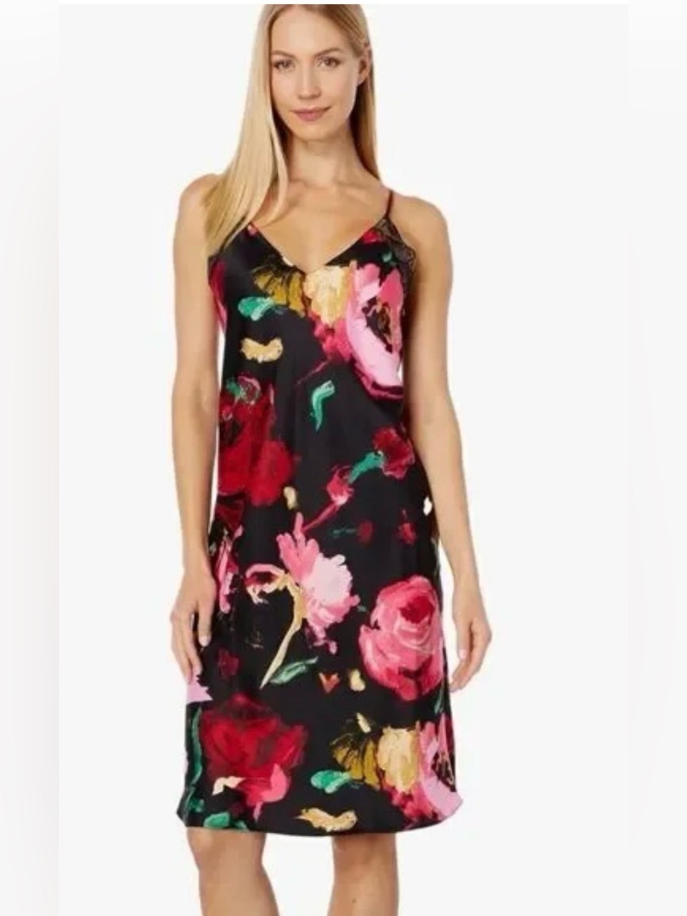 Natori Haiku Charm Black Satin Floral Slip Dress with Red, Pink & Green Accents